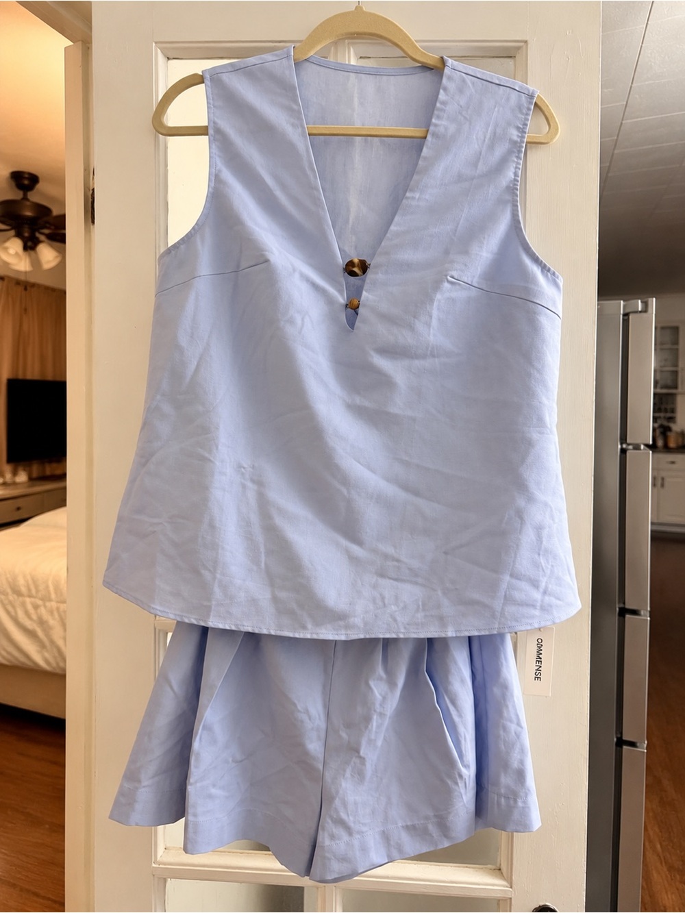 Commense Light Blue Sleeveless V-Neck Tank with Button Detail